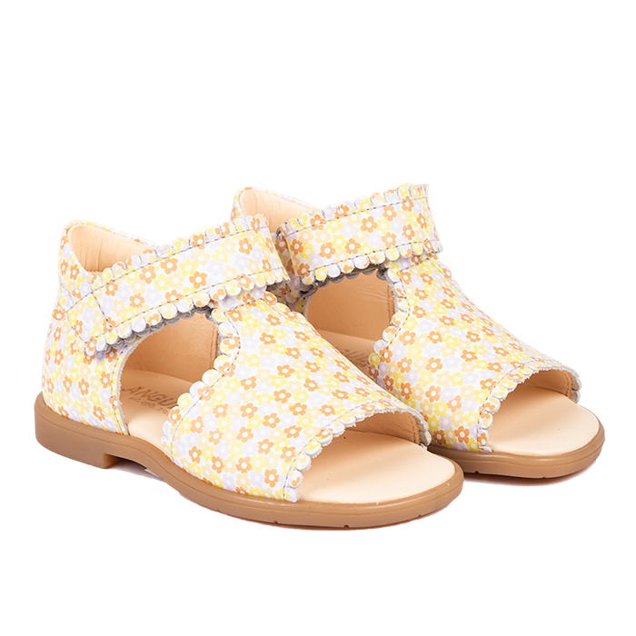 Angulus Sandal med åben tå, print og velcrolukning (smal til normal pasform) - Yellow Flower Print