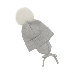 Huttelihut bonnet w/alpaca pompoms - Wool - Medium Grey Melange