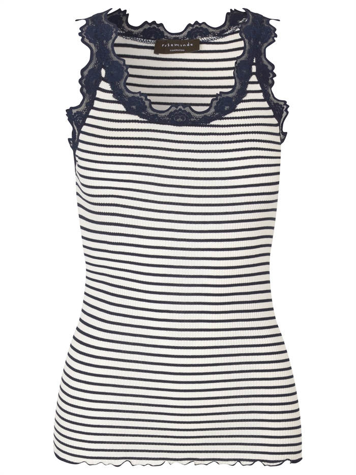 Rosemunde ikoniske Babette silketop med blonder - Ivory Navy stripe