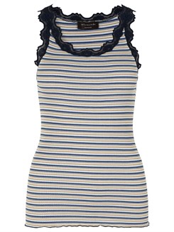 Rosemunde ikoniske Babette silketop med blonder - Blue multi stripe