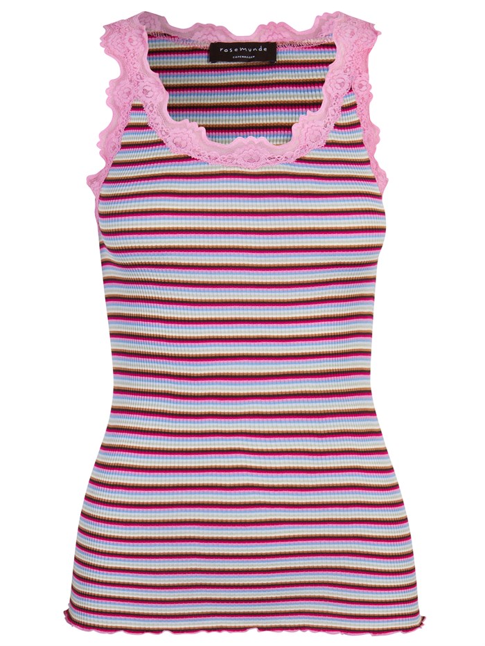 Rosemunde ikoniske Babette silketop med blonder - Mix multi stripe