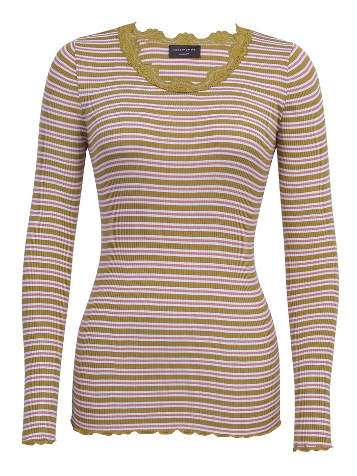 Rosemunde Silk t-shirt regular w/ lace - Olive oil mix stripe