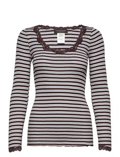 Rosemunde Silk t-shirt regular w/ lace - Coffee bean mix stripe