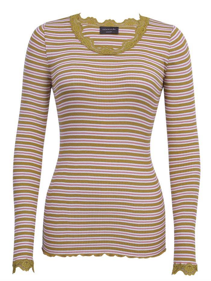 Rosemunde Silk t-shirt regular w/ lace - Olive oil mix stripe